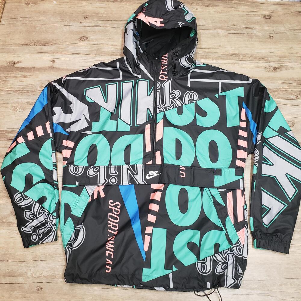 Nike IDJ Jacket Mens M Multicolor Just Do It Hooded 1/2 Zip Windbreaker All Over